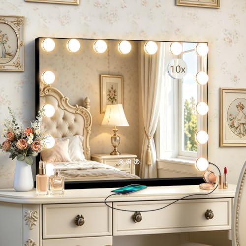 Ratsamee Black Hollywood Vanity Mirror with Lights, 15 Dimmable Bulbs, 3 Color Lights,Make Up Lighted Mirror, Aluminum Metal Frame, USB Charging Port（23" x 18"） by RATSAMEE