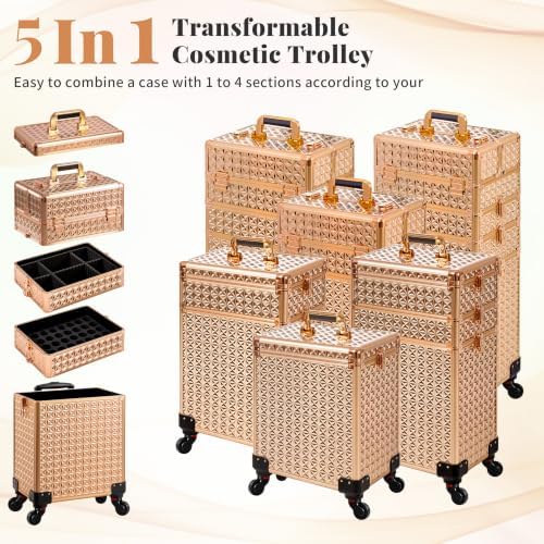 AROUS 5 in 1 Rolling Makeup Train Case with Lid Cosmetology Case on Wheels - Image 2