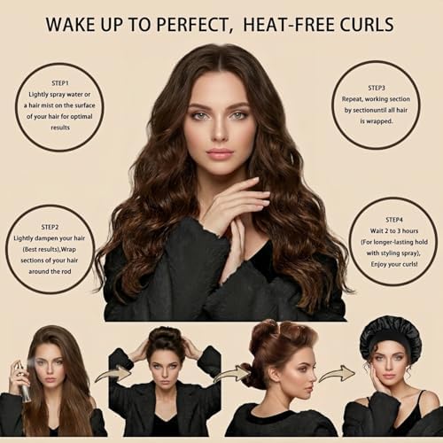 Heatless Curls Overnight Hair Curlers Set – 4PCS Jumbo Velvet Rollers with Shower Cap, No-Damage Flexi Rods for Beautiful Waves(BLACK) - Image 5