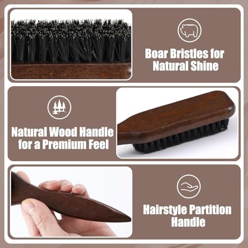 6 Pcs Boar Bristle Slick Back Hair Brush with Edge Brush Rat Tail Comb and Wide Tooth Comb, Hair Styling Comb for Men Women - Image 3