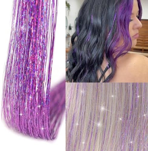 Purple Hair Tinsel 12Pcs 20.5 Inch Clip in Fairy Hair Tinsel Kit for Women Girls Glitter Hair Accessories for Christmas Halloween Cosplay Party (Purple) - Image 2