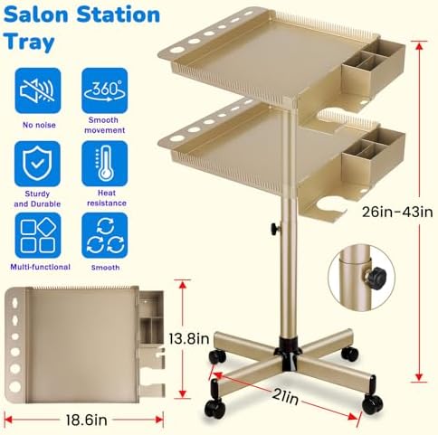 Salon Rolling Tray on Wheels with Adjustable Height - Salon & Spa Service Tray for Hair Stylist, Tattoo & Dental Use (Gold) - Image 2