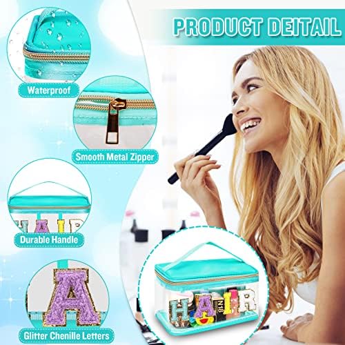 Chenille Letter Clear Makeup Bags Hair Pouch, Preppy Patch Makeup Bag Zipper with Handle, Transparent PVC & Nylon Waterproof Glitter Cosmetic Handbag Travel Toiletry Storage for Women Girl(HAIR-Green) - Image 3