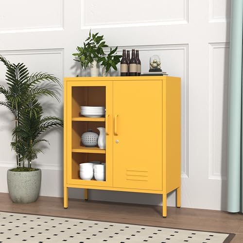 Yellow Food Storage Cabinet with Lock, 2-Door Steel Cabinet, 2 Adjustable Shelves, Metal Pantry Locker Freestanding Kitchen Storage Locker for Dining Room Living Room Size:33" H X 29.5" W X 13.8" D - Image 5
