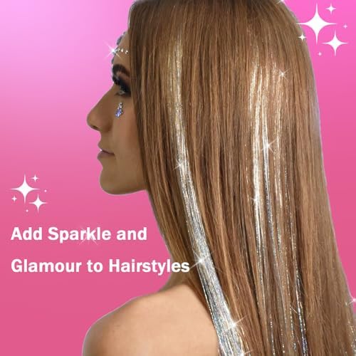 NIACONN Glitter Hair Tinsel Extensions Kit Silver with Tools and Beads, 48 Inch Sparkly Fairy Colorful Tensile Strands Shiny Hair Accessories for Women Girls Kids - Image 2