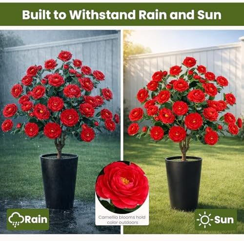 3FT Artificial Camellia Tree with Ground Spike, Full Bloom Fake Camellia Plant Outdoor, Dense Flower Artificial Trees for Front Porch Decor, Patio Garden Yard Decorations,Red,2 Pack - Image 2
