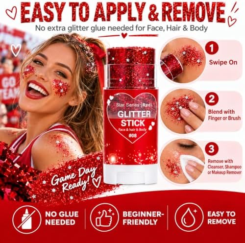 Red Hair Glitter Stick, Face Body Glitter Stick Makeup for Women Girls, School Spirit Week Game Day Cheer Football Accessories, Chunky Shimmer Sequins for Halloween Costume, Concert Festival - Image 4