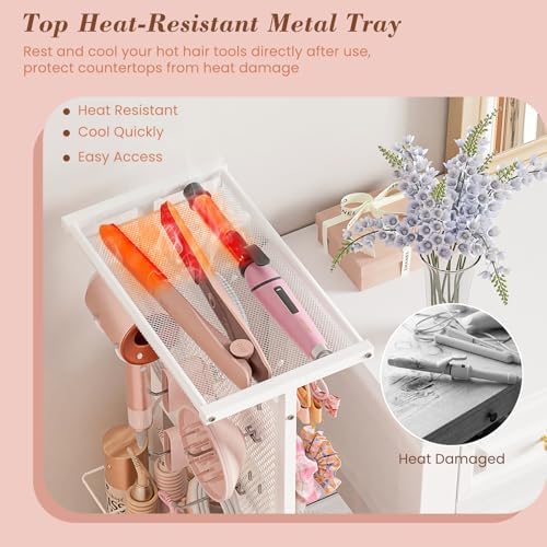 Hair Tool Organizer Cart with Hair Dryer Holder, Narrow Bathroom Storage Cart for Curling Flat Iron & Hot Tools, Slim Hair Appliance Organizer for Vanity Styling Tools, Salon Cart with Tray on Wheels - Image 2