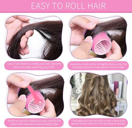 Hair Rollers, 12 Pack Self Grip Salon Hairdressing Curlers, DIY Curly Hairstyle, Large Rollers 1.57In Pink - Image 5