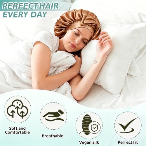VECIIR Silk Bonnet for Sleeping Women，Hair Bonnet for Sleeping Silk Night Cap for Curly/Natural Hair Skin Khaki, Large - Image 2
