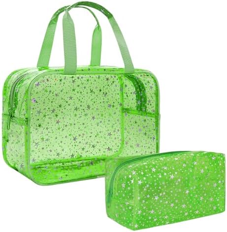 2PCS Clear Star Print Waterproof Makeup Bag, Lagre PVC Cosmetic Pouch with Zipper, Travel Toiletry Organizer for Women, Small Personal Item for Travel, Business Trip, Gym & Daily Use (Green) by junesters