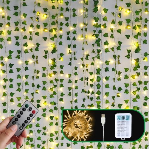Freyalife Artificial Vines with LED Fairy Lights, 33ft Green Silk Ivy Garland, 8 Light Modes, Remote Control, Indoor Decor for Bedroom, Living Room, Wedding, Party by Unknown
