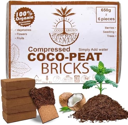 Compressed Coco Coir Bricks – 100% Organic, 650g x 6 Bricks – Expands to 8L Each, Eco-Friendly, Biodegradable, No Chemicals – Ideal for Vegetables, Fruits, Flowers, Seedlings by Unknown