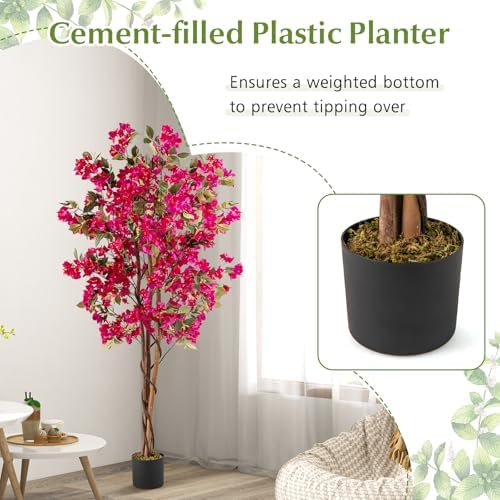 Goplus 6 FT Bougainvillea Artificial Tree, Faux Flower Tree in Pot with 910 Flowers, 105 Leaves, Real Wood Trunk, Tall Fake Floor Plant, Artificial Plants for Indoor Bedroom Living Room Decor - Image 4