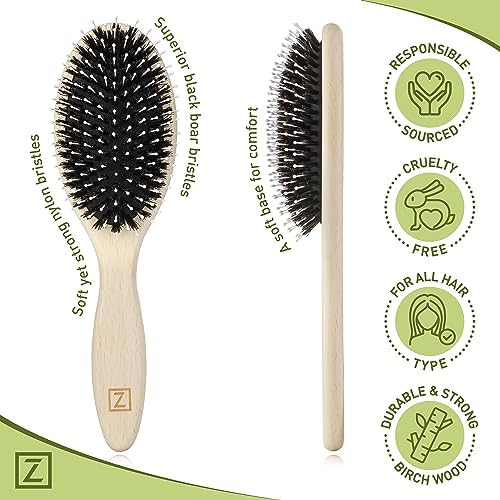 Natural Boar Bristle Hair Brush for Women, Men, Kids; Dry and Wet Detangling Hair Brush Gently Enhances Shine, Smooths Frizz and Prevents Breakage in Fine and Straight, Thick and Curly Hair (oval) - Image 4
