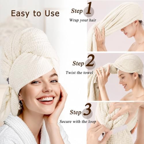 Large Microfiber Hair Wrap Towel for Women, Quick-Dry (Ivory White) - Image 2