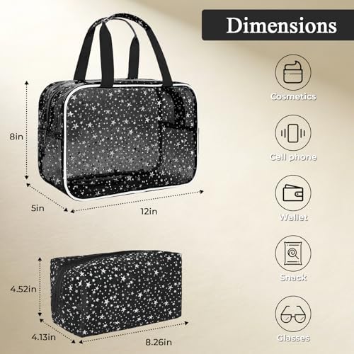 2PCS Clear Star Print Waterproof Makeup Bag, Lagre PVC Cosmetic Pouch with Zipper, Travel Toiletry Organizer for Women, Small Personal Item for Travel, Business Trip, Gym & Daily Use (Black) - Image 2
