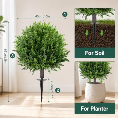 26'' Artificial Cedar Topiary Ball Tree Outdoor, Set of 2 UV Resistant Fake Bushes with Ground Spike, No Maintenance Realistic Greenery Fake Plant Ball for Porch Outdoor Garden Decor - Image 3