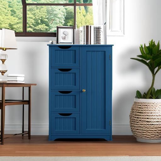 Yaheetech Small Bathroom Storage Cabinet with 4 Drawers & Door, Navy Blue - Image 5