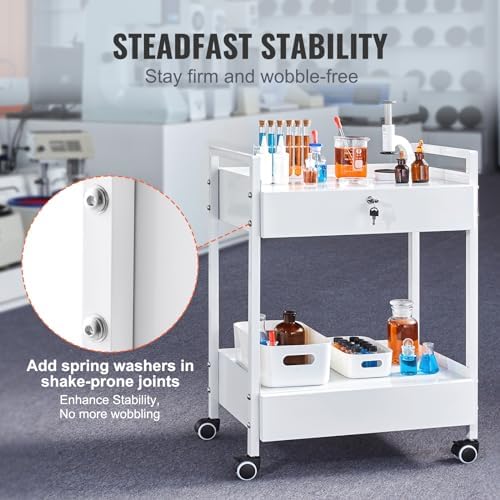 VEVOR Rolling Medical Cart with Lockable Drawer, White Paint Stainless Steel Utility Cart, 2 Tiers Mobile Esthetician Trolley Cart with Swivel Casters for Lab, Hospital, Dental, Salon and Beauty - Image 3