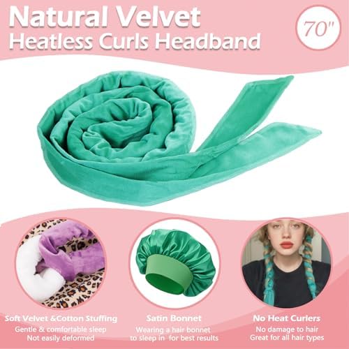 Heatless Curls Overnight Headband, 70'' No Heat Hair Curlers with Hair Bonnet for Sleeping, Blue-Green - Image 5