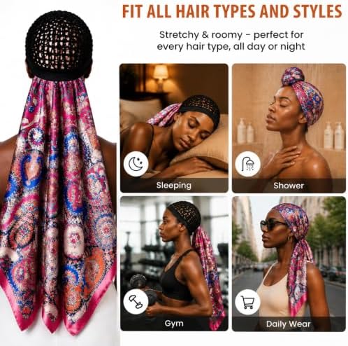 2 in 1 Wrap Cap Hair Net and Scarf for Silk Press, Satin Wrap Cap Bonnet for Women, Adjustable Stay-On Sleep Hair Net Scarf for All Hair Types (Rose red, One Size) - Image 5