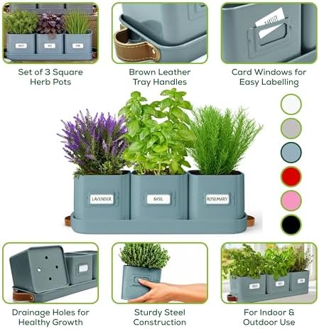volila Herb Planter Indoor - Set of 3 Teal Blue Indoor Herb Garden Pots for Plants with Leather Handled Tray - Window Sill Plant Shelf - Herb Pots with Drainage Holes and Labels - Image 3