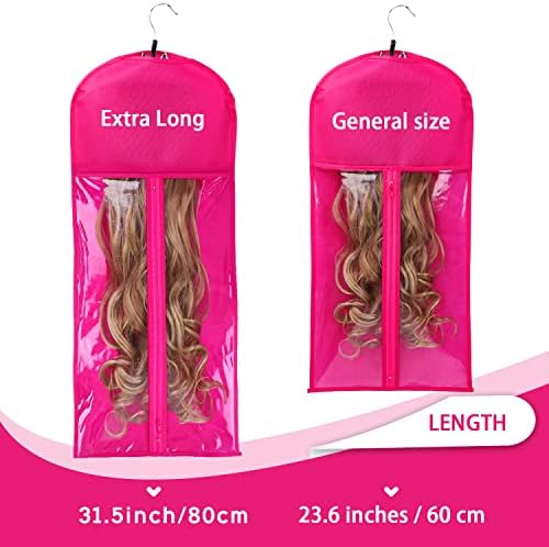 3PCS Extra Long Wig Storage Bag with Wooden Hanger Hair Extension Storage Bag with Hanger Portable Dust-proof Portable Suit with Transparent Zip Up for Hairpiece （Rose - Image 3