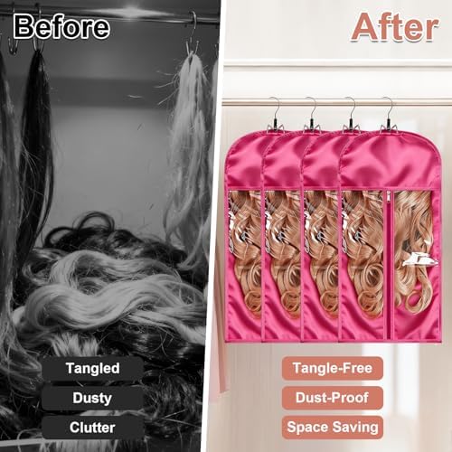 2 Pack Pink Silk Satin Wig Storage Bag with Hanger, Breathable Hair Extension Holder for Styling & Organizing, Dust-proof Silk Case for Protecting Hair Extensions & Wigs - Image 5