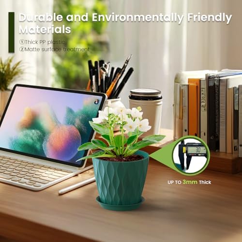Meowell 5 inch Plant Pots for Indoor Outdoor Plants, 6 Pack Flower Pots with Drainage Holes and Saucers, 3D Modern Wave Texture Small Plastic Planter Pots for Nursery and House Plants, Blue Green - Image 4