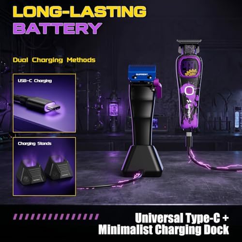 SUPRENT Professional Hair Clippers for Men - Cordless Barber Clippers & Zero-gapped Trimmer Set, High Speed Motor Haircutting Kit Blue Titanium-Coated Blades (Purple + Black) - Image 4