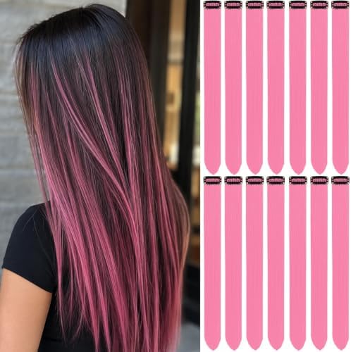 Pink Hair Extensions Clip in Colored Hairpieces Party Gift 14 PCS by LADYAMZ