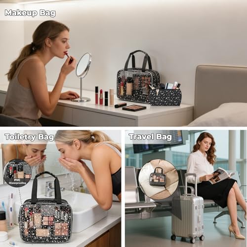 2PCS Clear Star Print Waterproof Makeup Bag, Lagre PVC Cosmetic Pouch with Zipper, Travel Toiletry Organizer for Women, Small Personal Item for Travel, Business Trip, Gym & Daily Use (Black) - Image 5