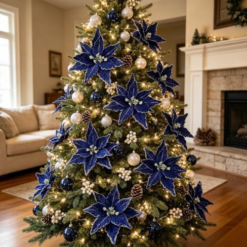 Kimura's Cabin 6Pcs Artificial Poinsettia Christmas Flowers Set,Royal Blue - Image 3