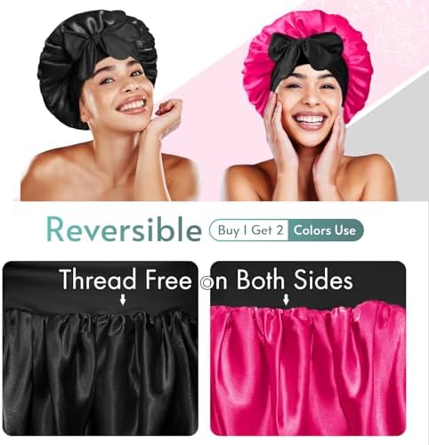 BONNET QUEEN Silk Bonnet for Sleeping Satin Bonnet with Tie Hair Wrap Double Layer Sleep Cap for Women Curly Hair, Black Hot Pink - Image 2