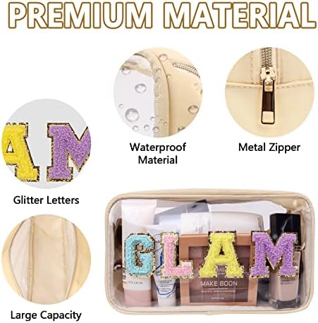 Iqimott Clear Patch Makeup Bag Monogram Pouch, Preppy Personalized Chenille Letter Cosmetic Pouch for Travel, Nylon Waterproof Organizer Travel Essentials Zipper Toiletry Bags for Women Girls(Beige) - Image 3