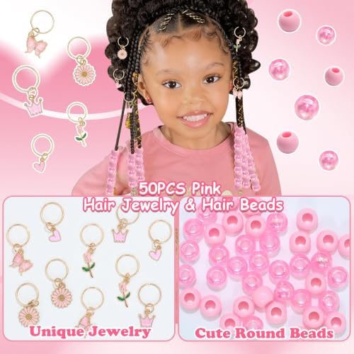 NAISKA 50PCS Pink Hair Bead for Braids Cute Hair Beads Flower Braid Jewelry - Image 2