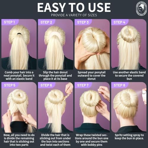 Teenitor Hair Bun Maker Set - 7 Hair Donut for Buns (1 Extra-Large, 2 Large, 2 Medium, 2 Small), 5 Elastic Bands, 20 Hair Pins, Cream White Color - Image 7
