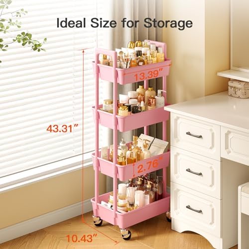 Pipishell 4 Tier Rolling Cart with Handle & Wheels for Storage, Pink - Image 4