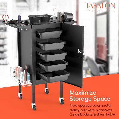 TASALON Upgraded Lockable 5-Tray Metal Salon Cart with 2 Holders & Baskets - Image 5