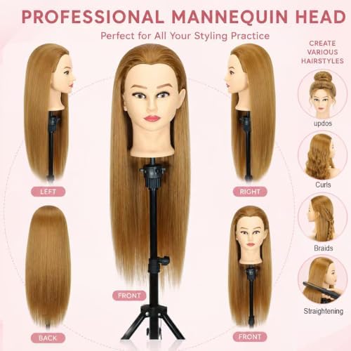 80% Human Hair Mannequin Head 26 Inch #27 Honey Blonde - Cosmetology Doll Head for Hair Styling Braiding Practice Cutting Heat Resistance, Hairdresser Training Head with Clamp - Image 2