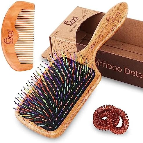 BLACK EGG Paddle Detangling Hair Brush for Women Girls, Rainbow Nylon Brush for Thick Thin Curly Hair, Includes Wooden Detangler Comb and 3 Hair Ties, Valentine’s Day Gift by BLACKEGG