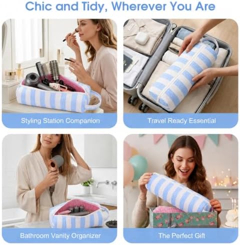 Hair Tools Travel Bag Compatible with Airwrap & Shark FlexStyle, Portable Cute Hair Tool Organizer Case for Curling Iron, Flat Iron & Styling Accessories (Blue Stripe) - Image 4