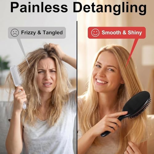 Boar Bristle Hair Brush for Women Men Painless Detangling Paddle Brush for Curly Fine Tangled Hair, Anti-frizz Boar Nylon Bristle Cushioned Brush, Includes Cleaning Tool - Image 3