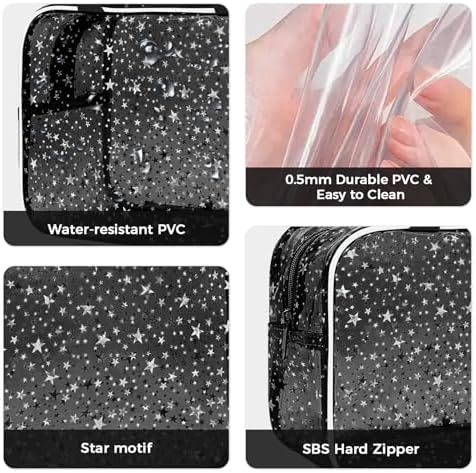 2PCS Clear Star Print Waterproof Makeup Bag, Lagre PVC Cosmetic Pouch with Zipper, Travel Toiletry Organizer for Women, Small Personal Item for Travel, Business Trip, Gym & Daily Use (Black) - Image 4