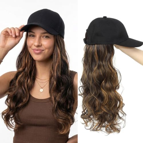 Hat Wig Baseball Cap Hat with Long Wavy Wig Layered Highlights Brown Hair by Yunkang