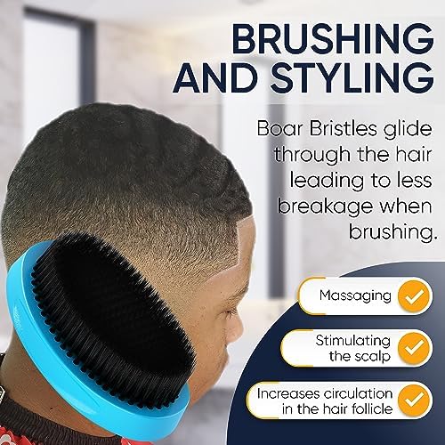 360 Wave Brush medium boar bristle | curved - palm - for man - women - boys - girls - hair waves(Blue) - Image 2