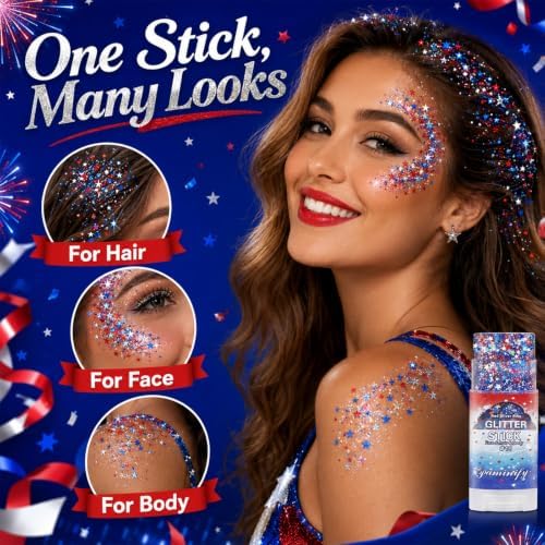 Red White Blue Star Hair Glitter Stick,4th of July Patriotic America Flag Star Face Body Glitter Stick, Independence Day Outfits for Women, Fourth of July Waterproof Makeup for Veterans Day - Image 6