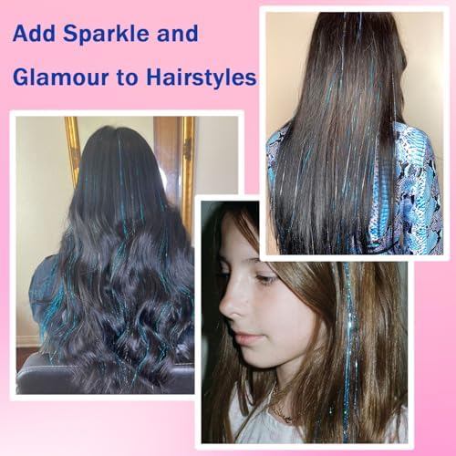 NIACONN Glitter Hair Tinsel Extensions Kit Blue with Tools and Beads, 48 Inch Sparkly Fairy Colorful Tensile Strands Shiny Hair Accessories for Women Girls Kids - Image 4