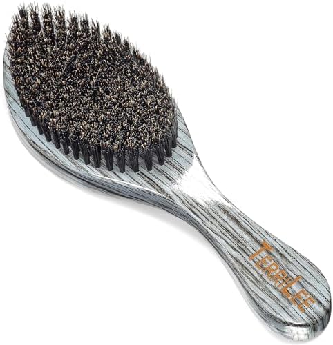 Premium Handle Wave Brush for Men 360 - Medium Hard Curved 360 Wave Hair Brushs - Made with Nature Beech & Nylon Boar Bristle Men's Hair Brush For Black Men 360 (Grey Long Handle) by Terrilee